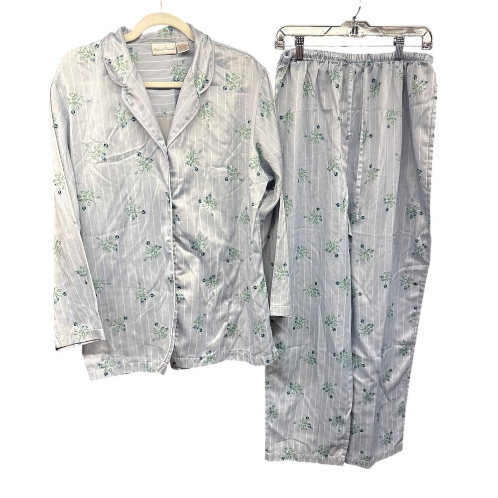 Intimate Essentials Vintage Floral Pin Stripe Matching Pajama Set Large Blue